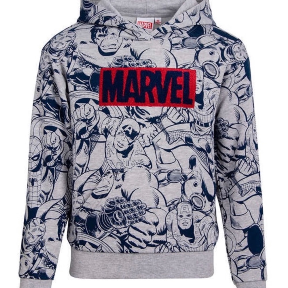 NWT Boys Marvel Graphic Print Hoodie Pullover Gray Blue Sweatshirt